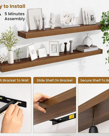Fun Memories Floating Shelves 48 Inch, Extra Large Wood Shelf Set of 2, Hanging Wall Shelves for Bathroom, Living Room, Kitchen, Bedroom, Walnut