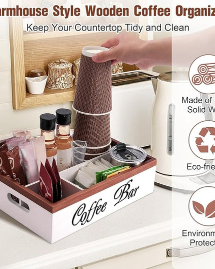 Wooden Coffee Organizer Holder with Divided Sections & Cutout Handle, Farmhouse Coffee Bar Organizer for Pods, Cups, Lids, Syrups, Stirrers & Accessories – Ideal Gift for Home or Office-White