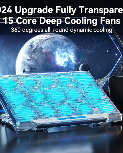ICE COOREL Gaming Laptop Cooling Pad with 15 RGB Cooling Fans, Fully Transparent Laptop Fan Cooler Pad for 15-21 Inch, Gaming Laptop Cooler Stand with 8 Height Adjustable, USB Port and Type-C Port