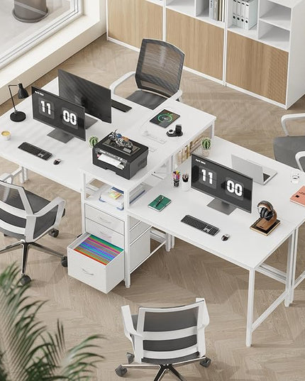 GYIIYUO 93'' Two Person Desk with Charging Station, Long Desk with 3 Drawers and Printer Shelf, Double Computer Desk, 2 Person Writing Study Table Workstation for Home Office, White