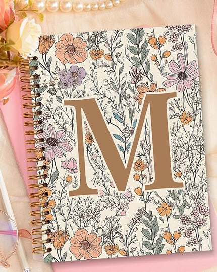 JXREQ Vintage Boho Floral Personalized Notebook, Initial Letter M Notebook Journal, Monogram Notebook, Monogrammed Gifts for Women, Boho Office Supplies, Flower Spiral Notebook 5.5x8.3
