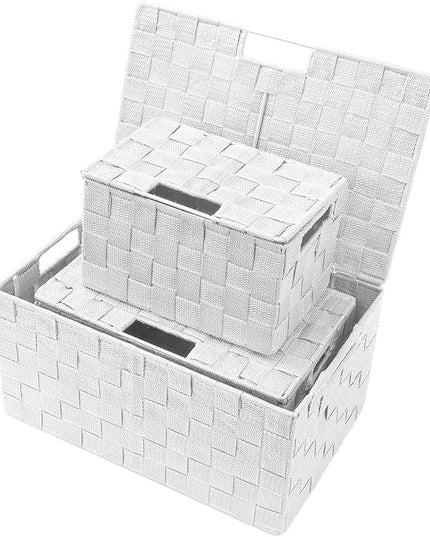 Sorbus Set of 3 Hand-Woven Storage Baskets with Lids – Decorative Wicker Organizers for Home, Closet, or Shelves (White)