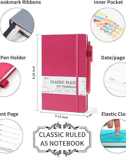 feela Hardcover Notebook For Work, Classic Ruled Lined Journal Set School Business Supplies, with 3 Black Pens, 120 GSM, 5.1”x8.3”, 3 Pack, A5, Solid Colors, Gray, Berry, Emerald