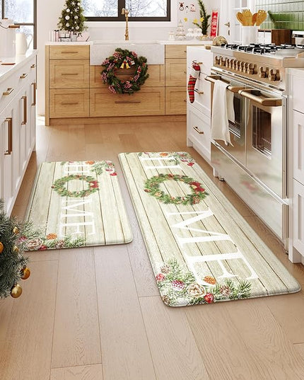 KIMODE Christmas Kitchen Mat 2PCS,Anti Fatigue Farmhouse Kitchen Rugs Non Slip,Waterproof Kitchen Floor Mat,Cushioned Comfort Standing Mat,Christmas Decorations for Home Kitchen