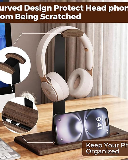 Walnut Headset Stand for Desk with Phone Holder | Headphone Stand Headphone Holder (Dark Walnut)