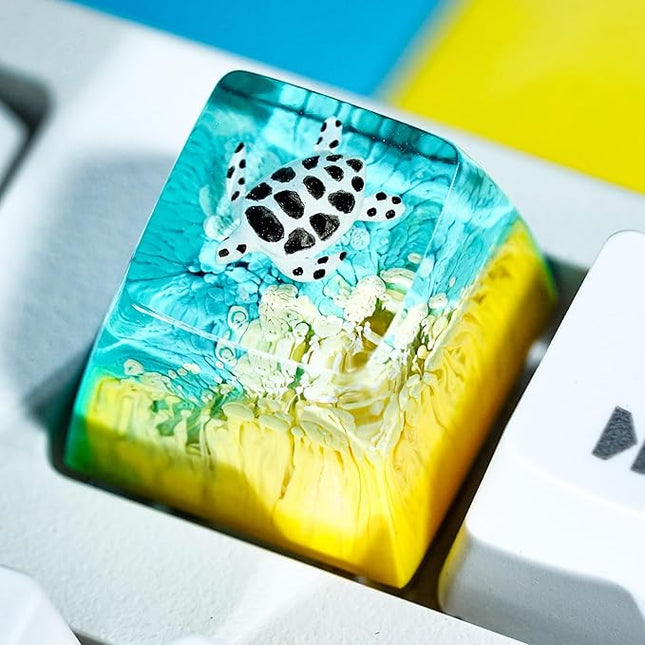 Sea Turtle Artisan Keycap Yellow and Light Blue Ocean R1 SA Profile Custom Sea Creatures Keycaps 1U ESC Handmade Gaming Resin Key Cap Cherry MX Switch Compatible Mechanical Keyboard Turtle Lover Gift
