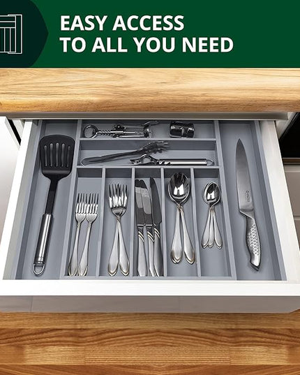 ROYAL CRAFT WOOD Luxury Bamboo Kitchen Drawer Organizer - Silverware Organizer - Utensil Holder and Cutlery Tray with Grooved Drawer Dividers for Flatware and Kitchen Utensils (9 Slot, Gray)