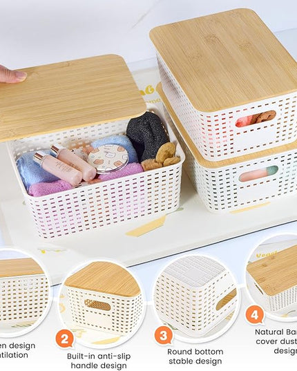 Plastic Storage Baskets With Bamboo Lid - Plastic Storage Containers Stackable Storage bins: Storage Baskets for Organizing Shelves Drawers Desktop Closet Playroom Classroom Office, 6 Pack