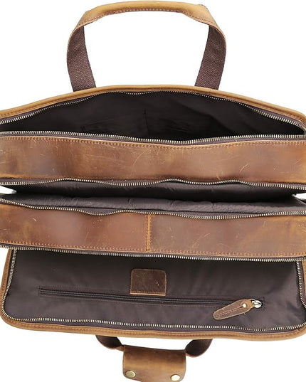 Polare 17'' Full Grain Leather Briefcase Laptop Attache Case Messenger Bag For Men Fits 15.6'' Laptop