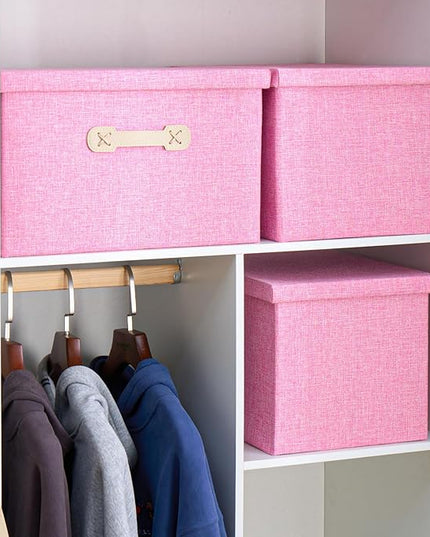 Enzk&Unity Decorative Storage Bins with Lids, Fabric Linen Foldable Storage Box with Handle Home Organizer for Shelf, Closet, Bedroom, Living Room, Office, 3 Packs, Pink