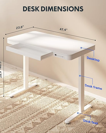 FLEXISPOT Comhar Electric Standing Desk with Drawers Charging USB A to C Port, Height Adjustable 48" Whole-Piece Home Office Computer Laptop Table with Storage (White Top + Frame)