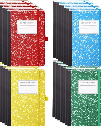 Laumoi 28 Pack PU Leather Lined Notebook Journal Bulk A5 Hardcover Notebook College Ruled 5.5 x 8.2 Inch Journal with Pen Holder for School Business Work Writing (Red, Green, Blue, Yellow,Marble)