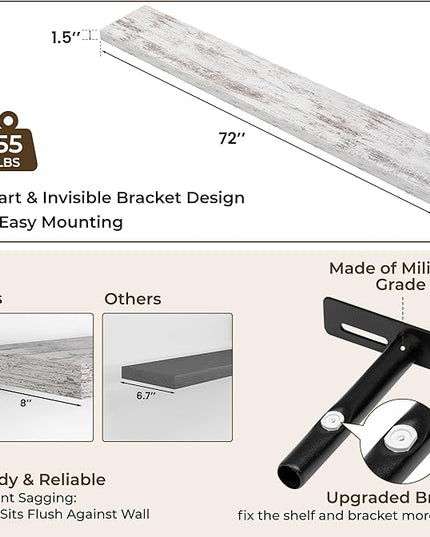 RICHFOCUS 72Inch Floating Shelves for Wall 2 Pack Shelves for Bedroom|Kitchen|Bathroom Wall Mounted Rustic Distressed Wood Floating Shelf with Invisible Brackets for Books|Storage|Decor, Rustic