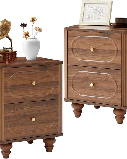 ORRD 2 Drawer Fluted Mini Small Dresser for Bedroom Set of 2, Mid Century Modern Nightstand Bedside End Table, Wood Storage Dresser Organizer for Bedroom Living Room, Walnut