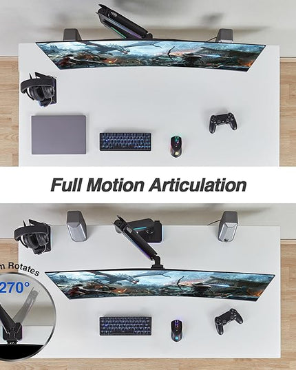 AVLT RGB Lights Single 17”-49” Gaming Monitor Arm Desk Mount, Fits One Flat/Curved/Ultrawide Screen up to 44lbs(20kg), Height Swivel Tilt Adjustable Stand - Black