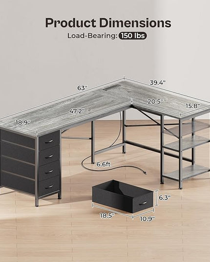 Huuger 63 Inch L Shaped Desk with Fabric Drawers, Reversible Computer Gaming Desk with Power Outlets and USB-C Port, Adjustable Side Storage Shelves, for Work Study Corner Home Office, Grey