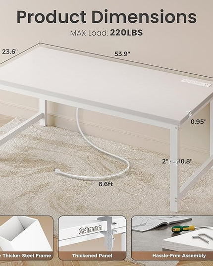 Huuger 55 x 24 inch Desk with Power Outlets & USB-C, Deeper & Thicker Desktop, Robust Metal Tubes, Computer Desk, Heavy Duty Office Desk, Work Gaming Desk for Home Office, White