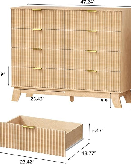 HUANLEGO Fluted Dresser for Bedroom, 8 Drawer Dressers & Chest of Drawers, Mid Century Modern Dresser for Closet Boho Bedroom Furniture, Nature Wood Chest of Drawers Storage Organizer for Living Room