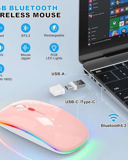 LED Bluetooth Wireless Mouse for MacBook Air/Pro, Laptop, iPad – Rechargeable Silent Light-Up Slim Mouse, Optical Dual Mode BT5.2 & USB-A/USB-C – for Students, Kids, Girls, Boys – Baby Pink