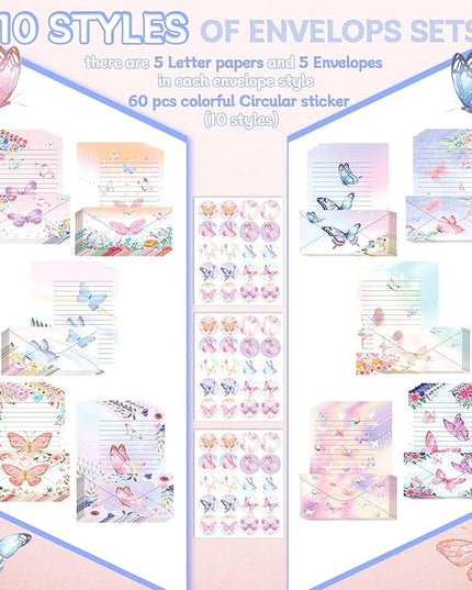 TaoBary 160 Pcs Stationery Paper Set 50 Double Sided Stationery Papers with 50 Matching Envelopes and 60 Round Dot Sticker, 10 Design(Watercolor Butterfly,8.5 x 11 Inch)