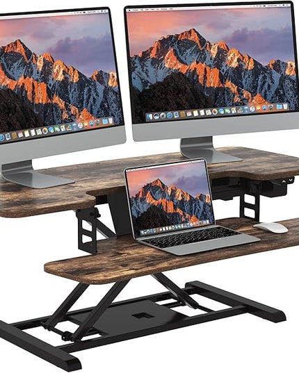 SANODESK Standing Desk Converter with Electric Motor 40" Height Adjustable Riser for Office Home,Dual Monitor and Laptop Workstation with Large Keyboard Tray, Rustic Color