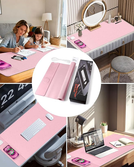 TopMade Mouse Pad with 15W Wireless Charging, XXL Large Leather Desk Mat, Waterproof Gaming Mousepad Home Office Desk Pad Protector, Computer Keyboard Pad, Mouse Mat for MacBook, PC, Laptop, Pink