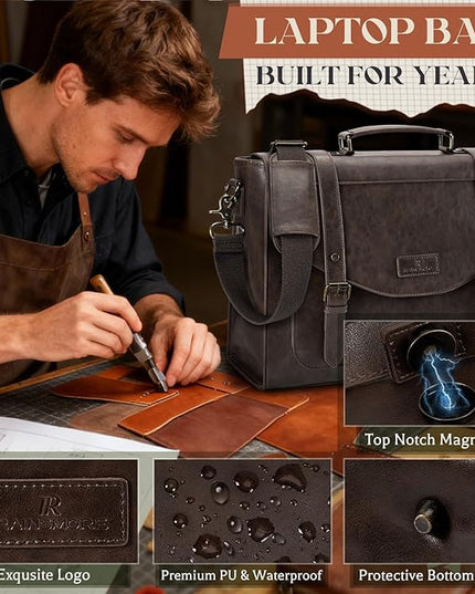 RAINSMORE Flap Messenger Bag for Men Vintage PU Leather Laptop Bag 15.6 Inch Retro Briefcase with Wallet Satchel Computer Bag