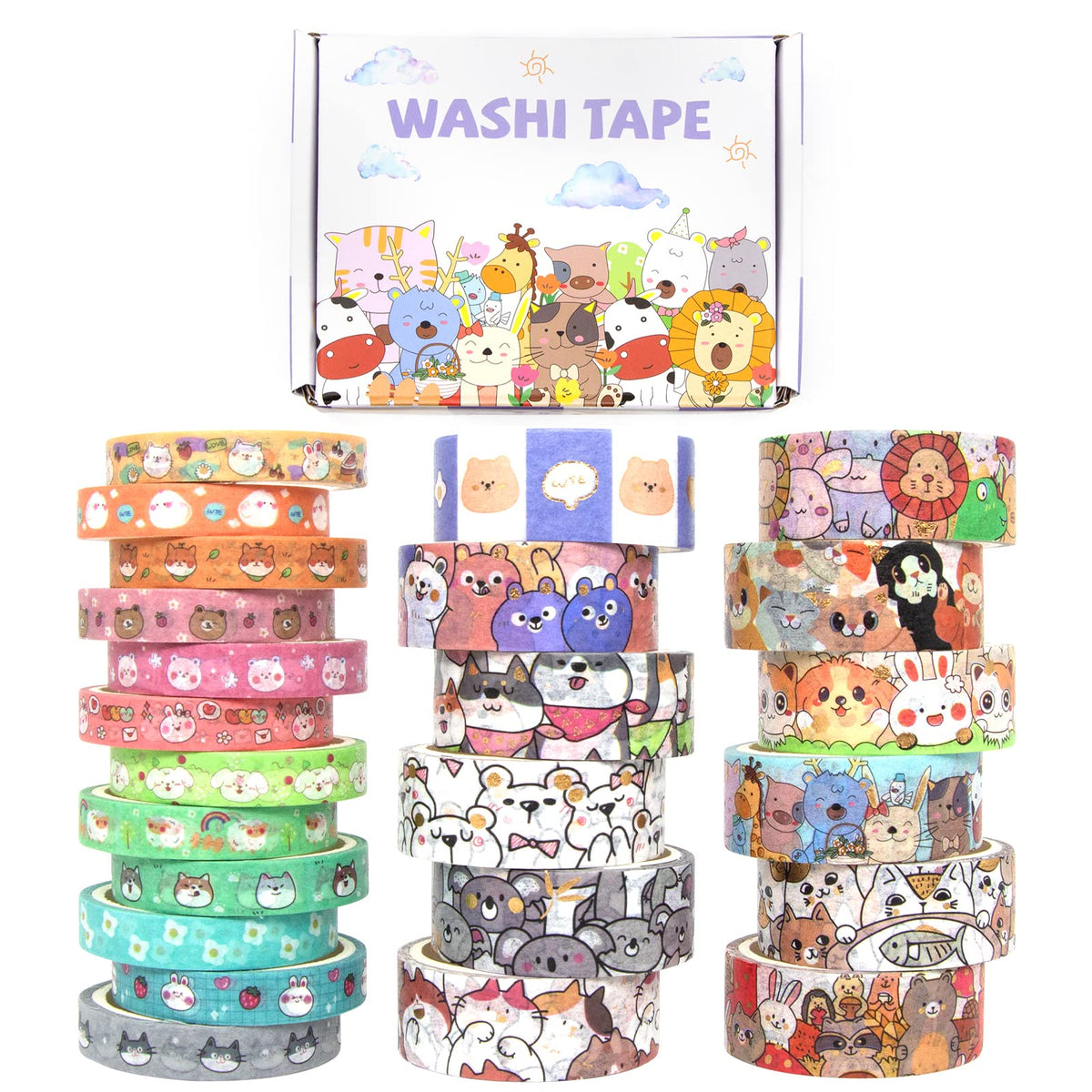WAPETASHI Cute Washi Tape Set - 24 Rolls Kawaii Animals Gold Foil Decorative Masking Tape for Journaling, Scrapbooking, Kids DIY Crafts, Aesthetic Supplies, Planners, Bullet Journal