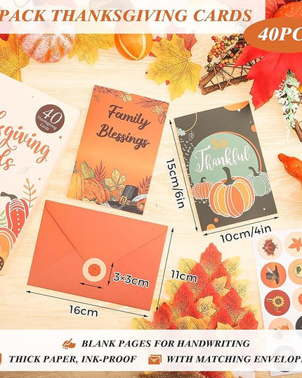 40 Pack Thanksgiving Cards with Envelopes, 4 x 6 in Bulk Thanksgiving Cards with Stickers, 10 Designs Thanks & Blessings Greeting Card Boxed for Fall Autumn Holiday Parties Celebrate the Harvest