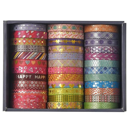 Songdao 36 Rolls Skinny Washi Tape Set Gold Foil Detailing Arts Adhesive Tapes Basic Patterns Decorative Masking Tape Sets for Craft, Kids, Scrapbook, DIY, Gift Wrapping (Kawaii)