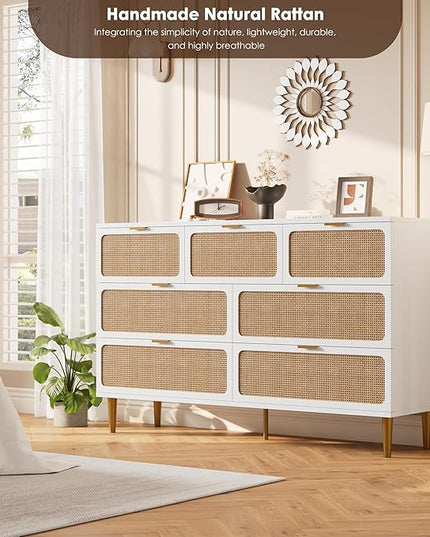 Garvee Rattan Dresser with 7 Drawers, Tall Modern Closet with Deep Storage, Large Chest of Drawers with Wide Top, Long Wooden Dresser for Bedroom, Living Room, Hallway, Kids Room, White
