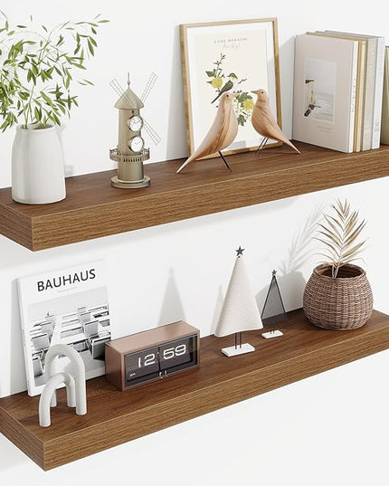 Fun Memories Floating Shelves 30 Inch, Wall Mounted Wood Shelf Set of 2, Farmhouse Decor for Bathroom, Bedroom, Kitchen, Living Room, Walnut