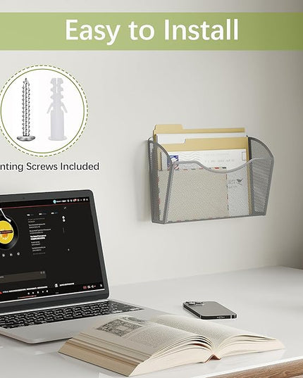 EasyPAG Single Pocket Wall File Organizer, Mesh Hanging File Folder Organizer for Letter/A4 Size Folders, Wall Mounted Vertical Mail Holder for Paperwork, Office, Home, School, Silver