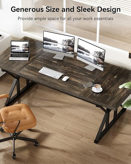 LITTLE TREE 70.8-Inch Large Executive Desk, Extra Long Computer Office Desk Workstation, Modern Simple Style Laptop Table, Sturdy Wooden Writing Workstation for Home Black Oak