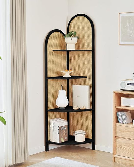 Corner Shelf Stand 4-Tier 70" Corner Shelves Display Shelf Pine Wood Frame with Rattan Wall Corner Bookshelf Multi Unit Organizer Rack with Legs for Living Room Decor,Small Space (Black)