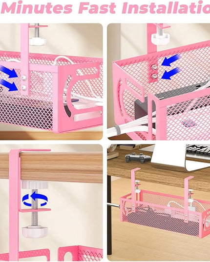 Under Desk Cable Management Tray, 15.7'' No Drill Steel Desk Cable Organizers, Wire Management Tray Cable Management Rack (2 Pack-Pink)