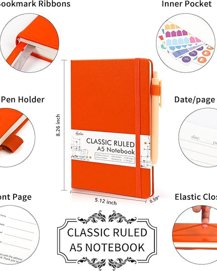 12 Pack Notebooks Journals Bulk with 12 Black Pens, Feela A5 Hardcover Notebook Classic Ruled Journal Set with Pen Holder for School Business Work Travel Writing, 120 GSM, 5.1”x8.3”, Orange