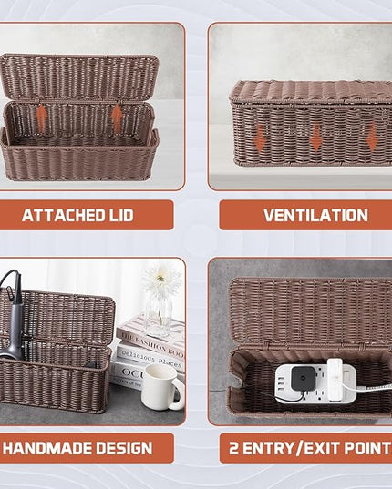 Cable Management Box, Handmade Rattan Cable Organizer, 2 Open Slots Cords Hider Box, Under Desk Cord Organizer for Computer Router USB Hub & Power Strip, Patent Pending, 13" x 5.1" x 5.1", Brown