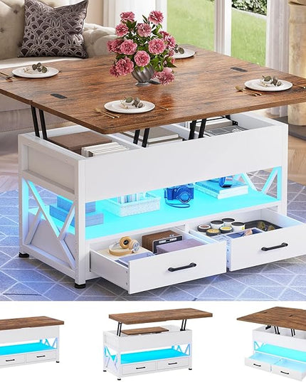 Itaar 40" Lift Top Coffee Table, 4 in 1 White Coffee Tables with Storage for Living Room, Small Coffee Table with 2 Drawers & LED Light for Dining Room, White and Rustic Brown