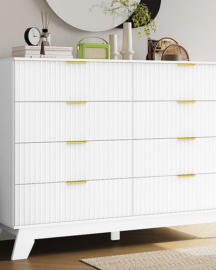 Fluted Dresser for Bedroom, 8 Drawer Dressers & Chest of Drawers, Mid Century Modern Dresser for Closet Boho Bedroom Furniture, Nature Wood Chest of Drawers Storage Organizer for Living Room, White