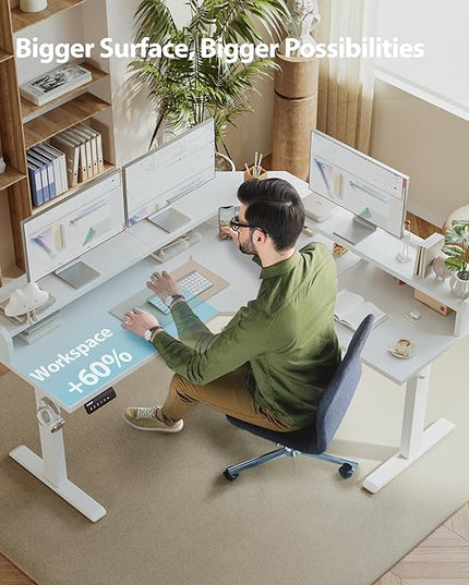 Agilestic L Shaped Standing Desk, Adjustable Height Corner Gaming Desk with Shelf, Sit Stand Up Desk, 63 x 55 Inch Home Office Computer Table, White