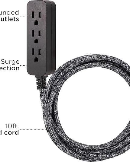 Cordinate 3 Outlet Power Strip Surge Protector Indoor Extension Cord 16 Gauge 245 Joules 10 Ft 3 Prong Braided Extension Cords Flat Extension Cord ETL Listed Gray 43013
