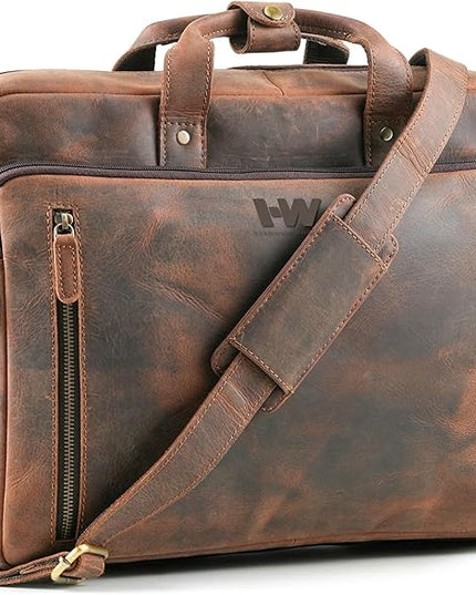 Handmade World Leather Briefcase For Men 'The Contemporary' Fits 17 Inch Laptop Computer Messenger Crossbody Shoulder Bag For Business Travel Office Work