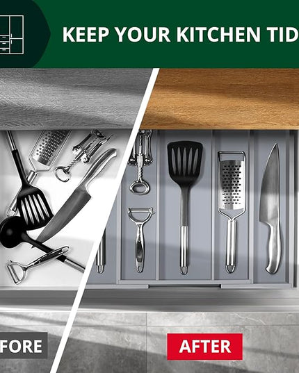 ROYAL CRAFT WOOD Luxury Bamboo Kitchen Drawer Organizer - Silverware Organizer - Utensil Holder and Cutlery Tray with Grooved Drawer Dividers for Flatware and Kitchen Utensils (5 Slot, Gray)