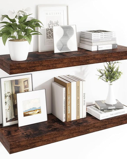 Heimlove 12 Inch Deep Floating Shelves, 48 x 12 inches Long Wall Shelf, Large Display Shelf & Storage Shelf, Rustic Wood Wall Shelves for Fireplace Mantel, Set of 2(Rustic Brown)