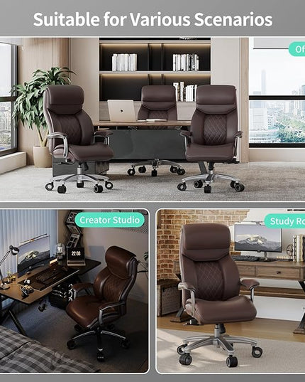 Big and Tall Office Chair with Wide Area Armrest, 600lbs Heavy Duty Desk Chair with Adjustable Lumbar Support, PU Leather High Back Ergonomic Executive Computer Chair with 3'' Silent Casters