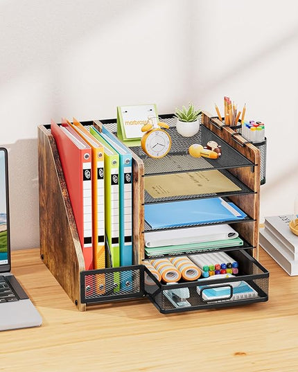 Marbrasse Desk Organizer with File Holder, 5-Tier Paper Letter Tray Organizer with Drawer and 2 Pen Holder, Mesh Desktop Organizer and Storage with Magazine Holder for Office Supplies (Wood-Brown)