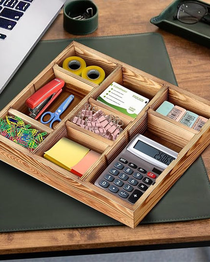 TEESSFROOD Desk Drawer Organizer Tray with 9 Adjustable Compartments, Wooden Office Desk Accessories Supplies Organization Storage for Desktop Bathroom Vanity Makeup 12" x 9" (Brown)