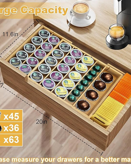 MinBoo Bamboo K Cup Holder for Drawer or Countertop Coffee Pod Holder Expandable K Cup Pod Storage Tea bag organizer K Cup Storage for Coffee Station Home Office and Kitchen