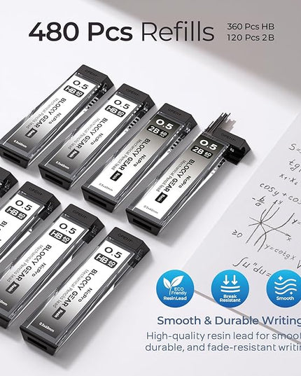 Nicpro 3 Pack Blocky Gear 0.5 mm Metal Mechanical Pencils Set with Case, Lead Drafting Pencil with 8 Tube (480PCS) Lead Refills(HB 2B), 4 Erasers, 18 Eraser Refills for Art Writing, Sketching Drawing